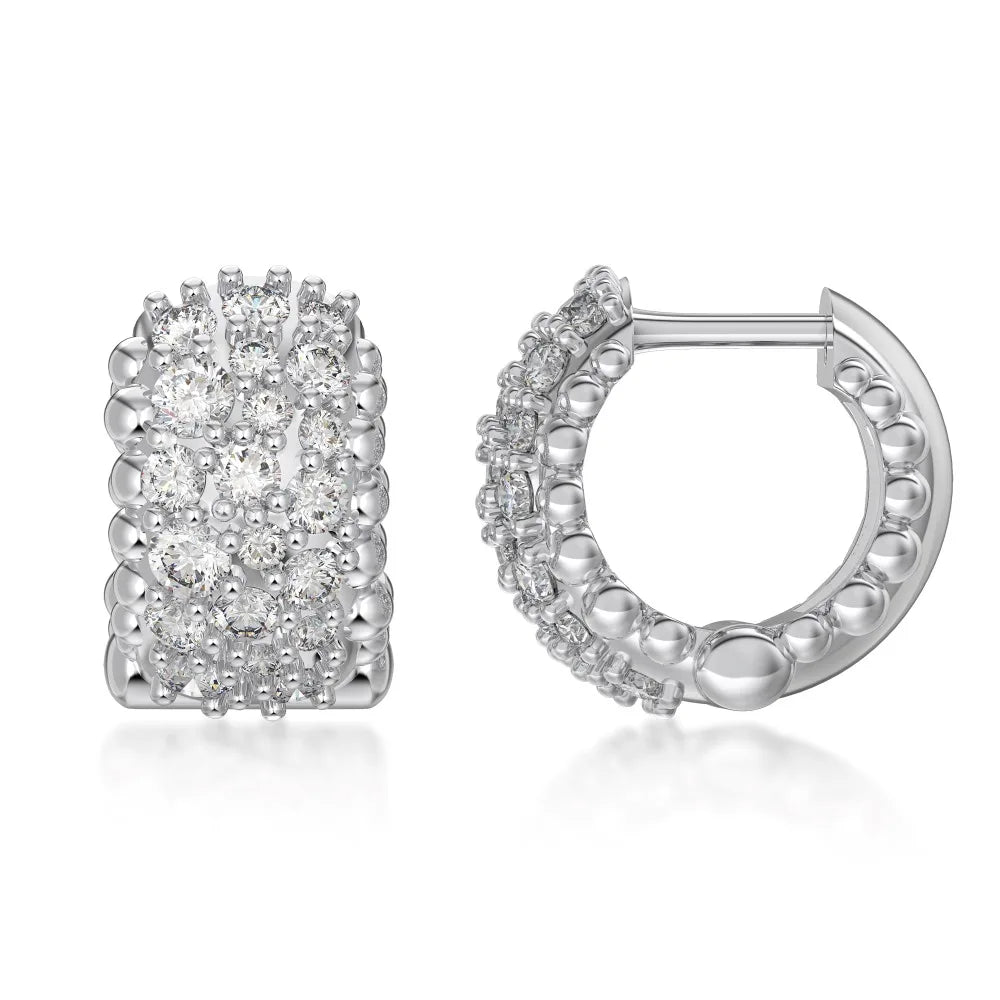 Silver Zircon Round Cut Iced Chunky Ear Hoops