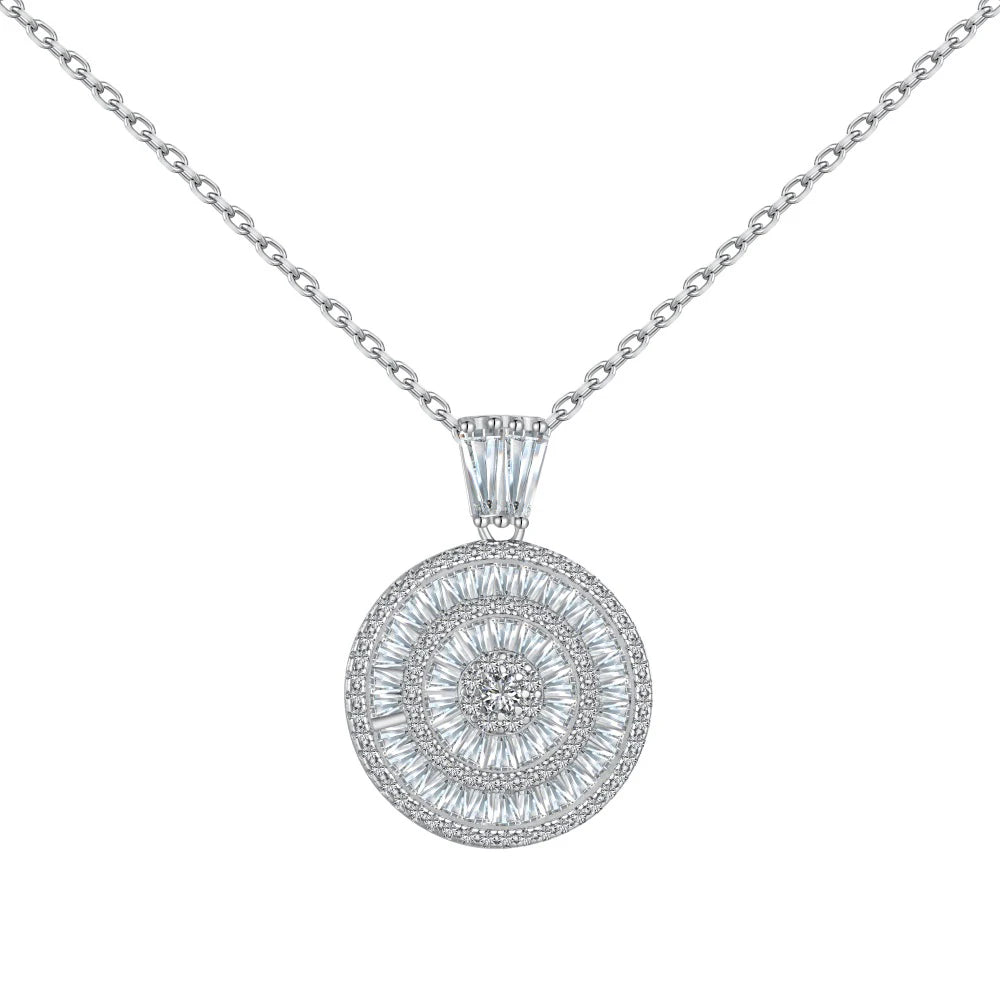 Silver Zircon Tapered Baguette Cut Halo Pendant Necklace
