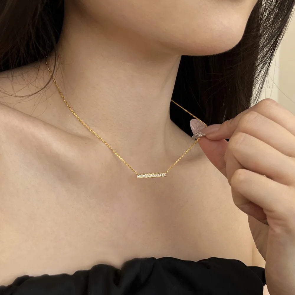 Silver Zircon Tapered Baguette Cut Multi Shape Bar Necklace