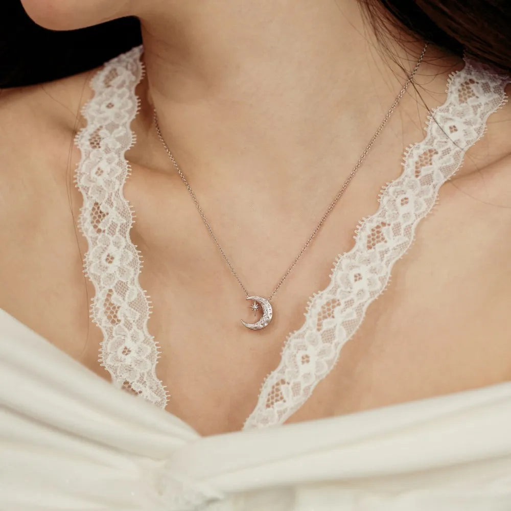Silver Zircon Round Cut Crescent Pendant Necklace