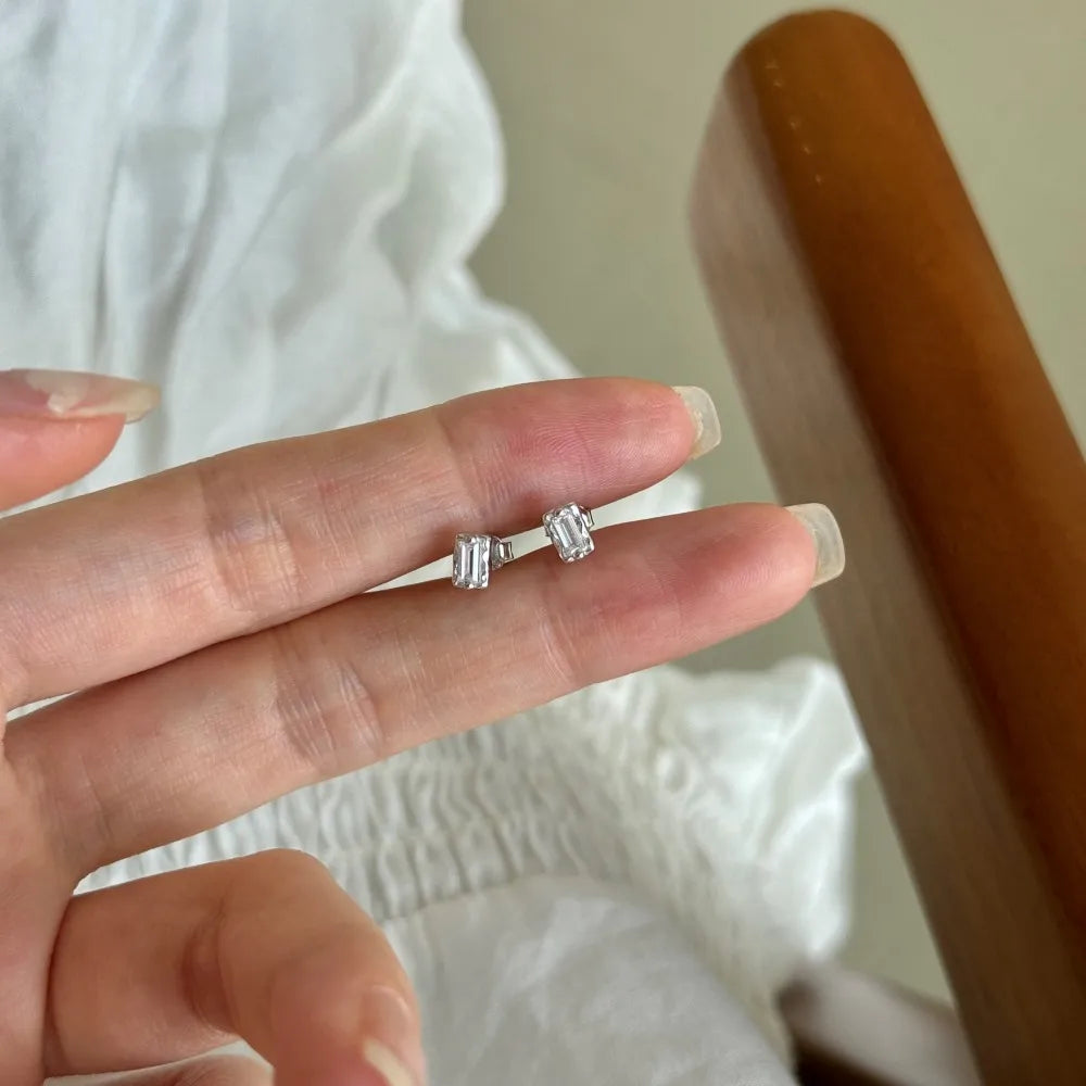 Silver Zircon Baguette Cut Melted Mirror Ear Studs