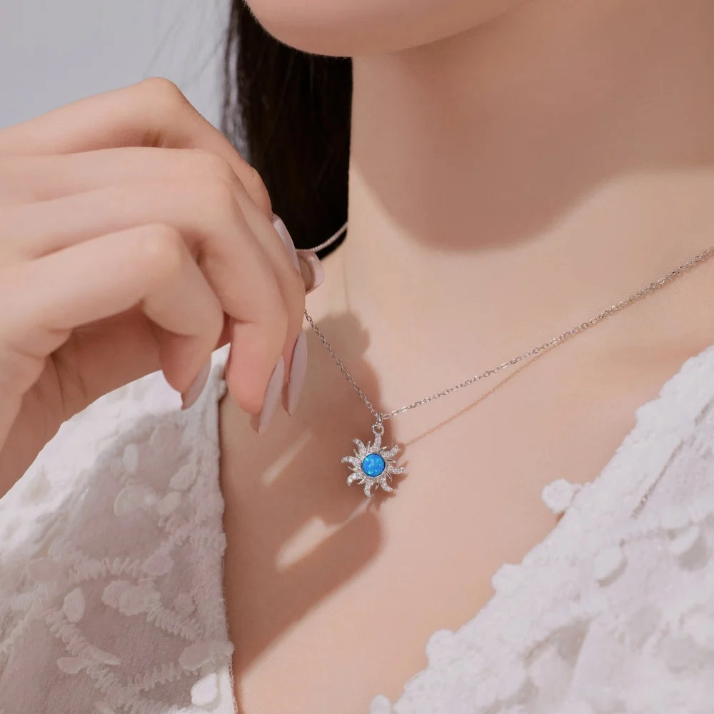 Silver Opal Round Cut Sunshine Pendant Necklace