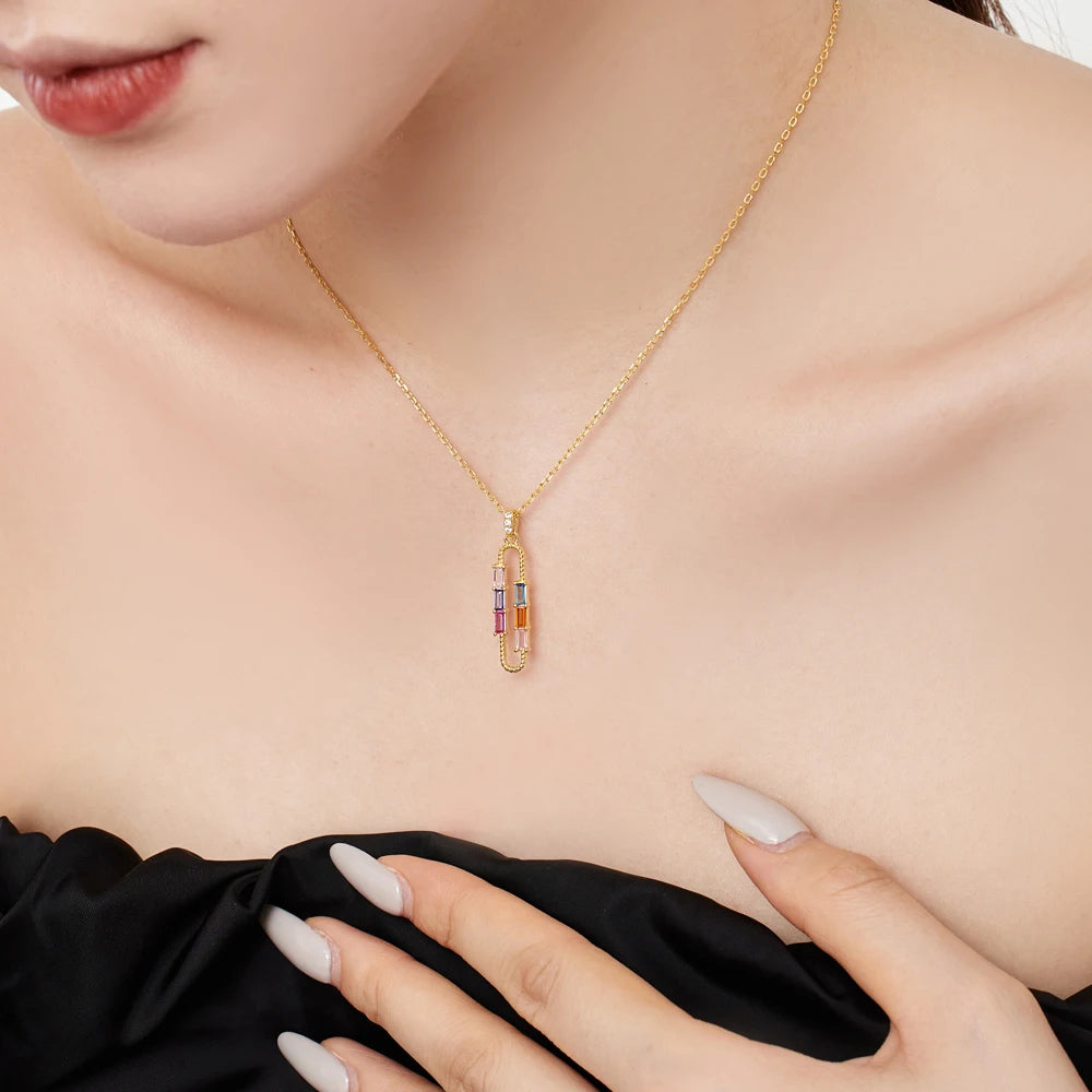 Silver Zircon Baguette Cut Paper Clip Bar Necklace