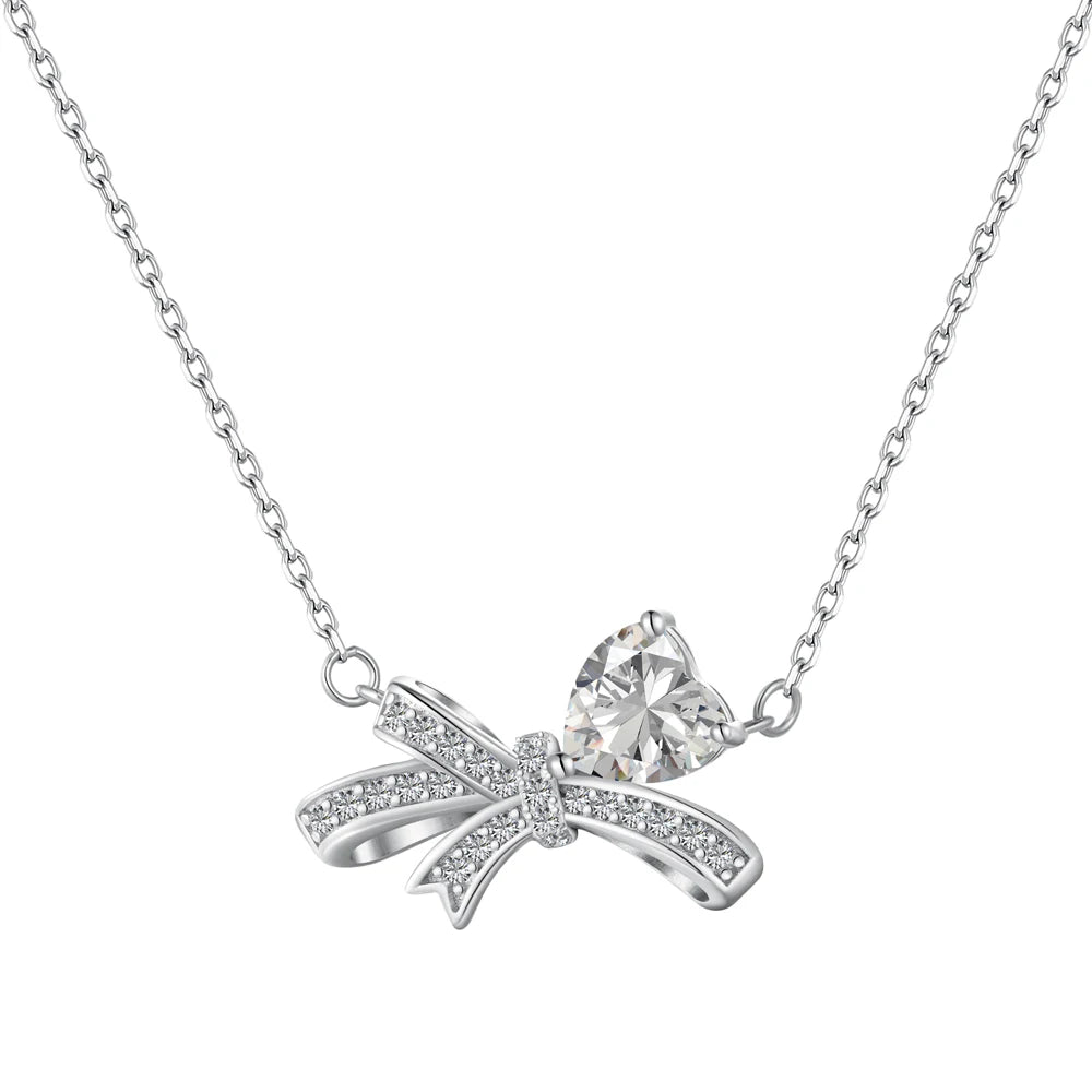 Silver Zircon Heart Cut Bow Knot Pendant Necklace