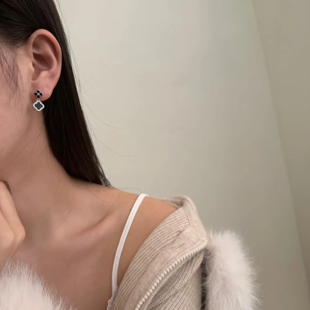 Silver Onyx Clover Cut Clover Drop Earrings