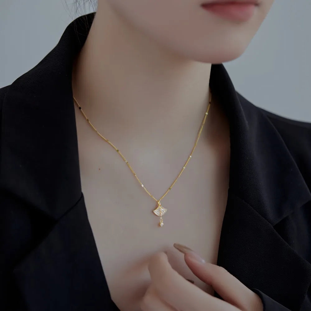 Silver Zircon Round Cut Ginkgo Leaf Pendant Necklace