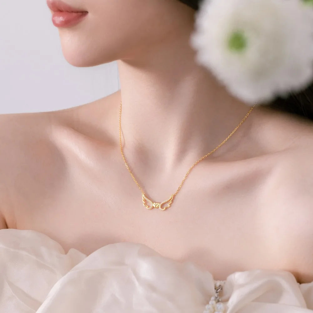 Silver Zircon Round Cut Inlaid Heart Wings Bar Necklace