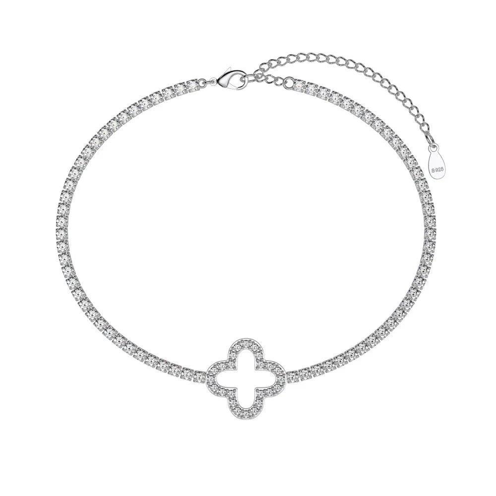 Silver Zircon Round Cut Hollow Inlaid Clover Tennis Bracelet