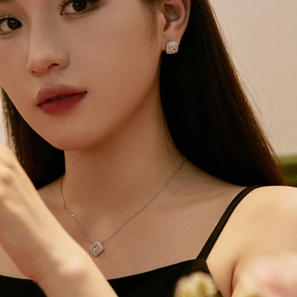 Silver Zircon Princess Cut Halo Pillow Ear Studs