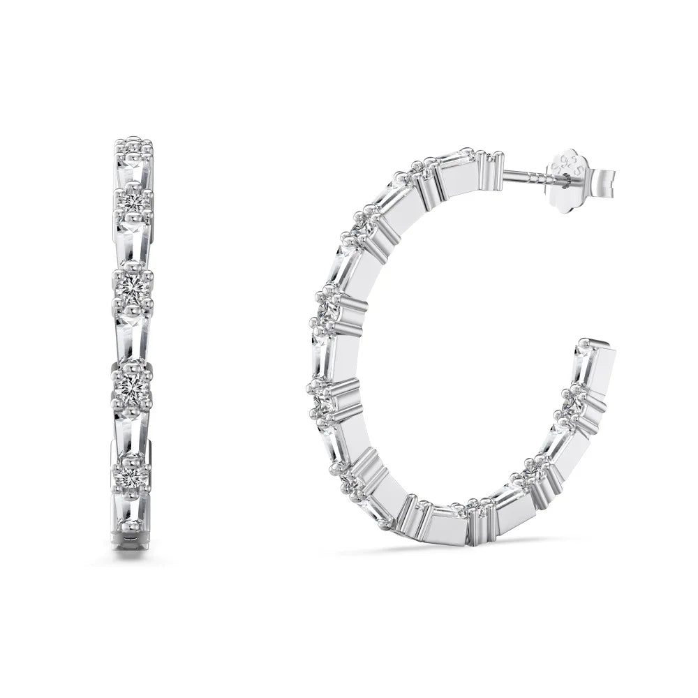Silver Zircon Round Cut Inlaid Flower Ear Hoops