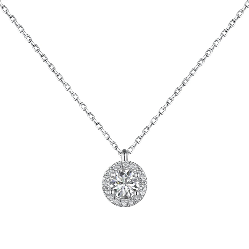 Silver Zircon Round Cut Halo Pendant Necklace