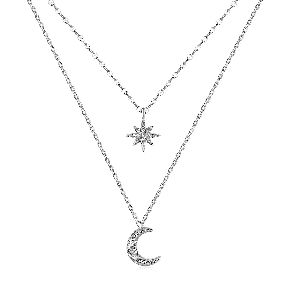 Silver Zircon Round Cut Double Layered Crescent Star Pendant Necklace