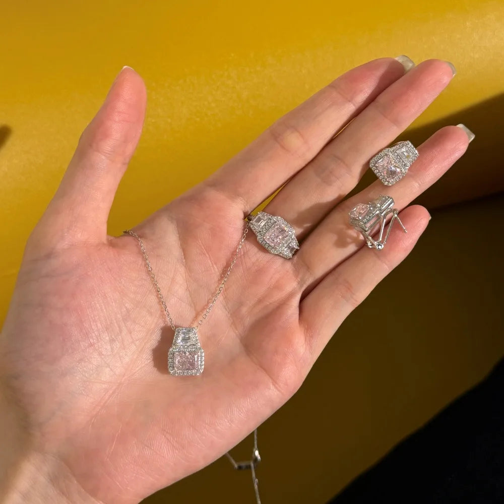 Silver Zircon Radiant Cut Halo Stacked Jewelry Set