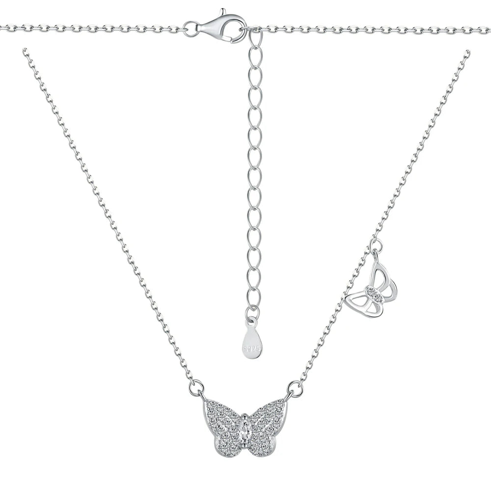Silver Zircon Marquise Cut Inlaid Butterfly Pendant Necklace
