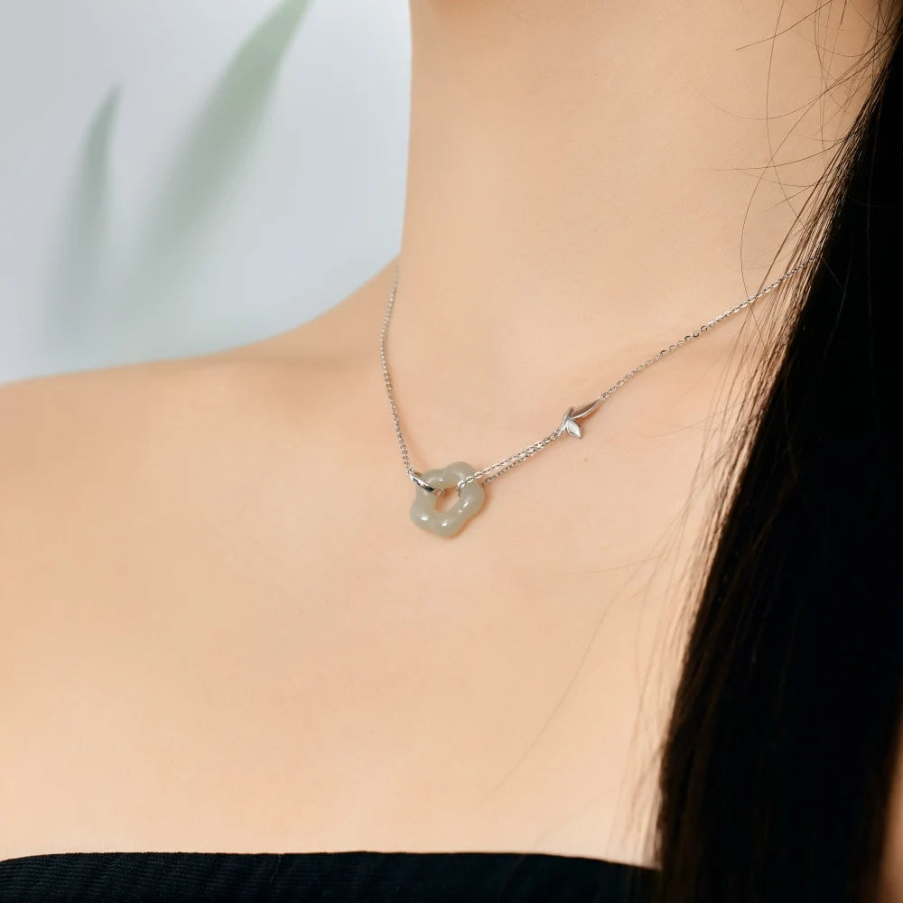 Silver Jade Flower Pendant Necklace