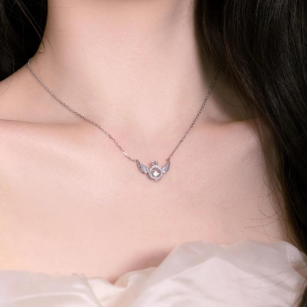 Silver Zircon Round Cut Halo Wings Bar Necklace