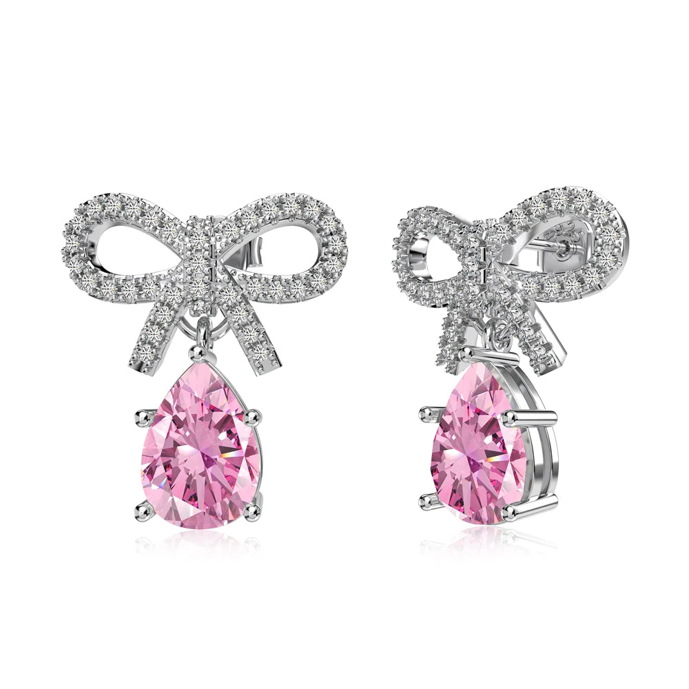 Silver Zircon Pear Cut Bow Drop Earrings