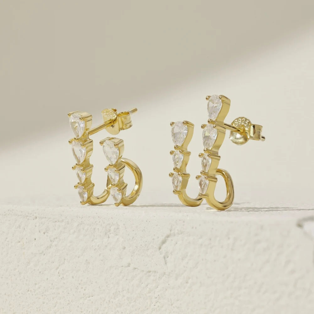 Silver Zircon Pear Cut Double Layer Ear Hoops