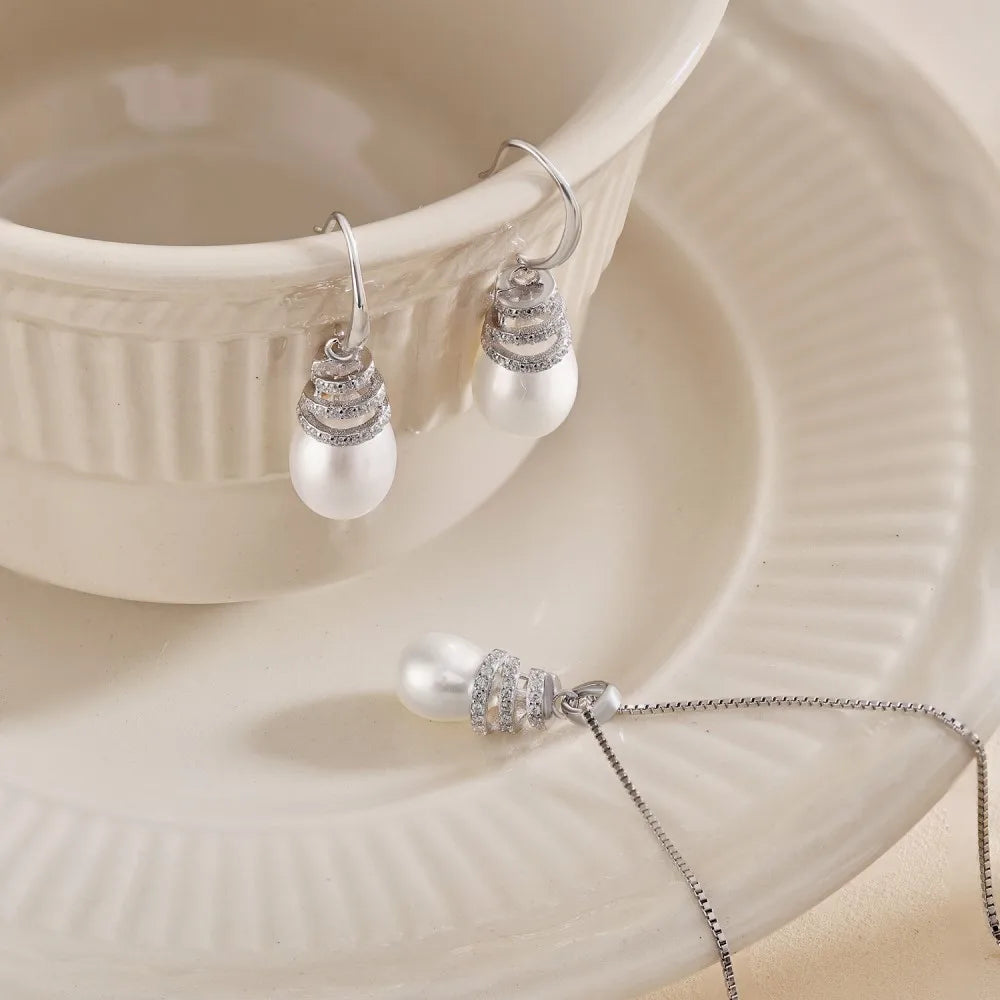 Silver Pearl Iced Hook Drop Earrings