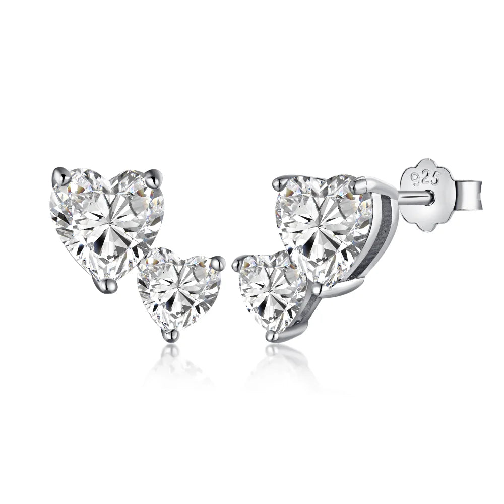 Silver Zircon Heart Cut Side Stacked Ear Studs