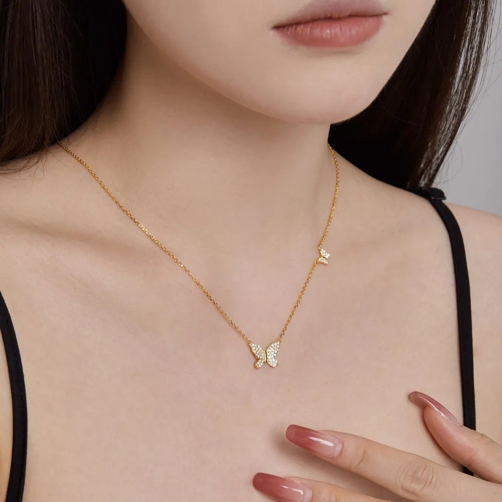 Silver Zircon Round Cut Butterfly Pendant Necklace