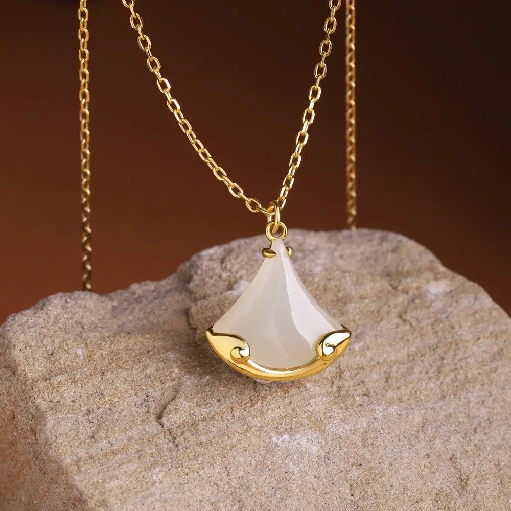Silver Jade Cut Ginkgo Leaf Pendant Necklace