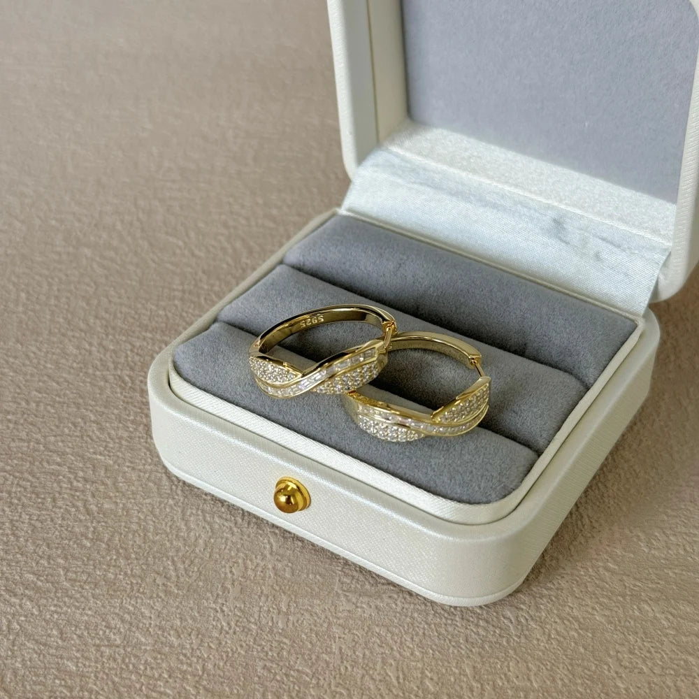 Silver Zircon Baguette Cut Iced Twisted Ear Hoops