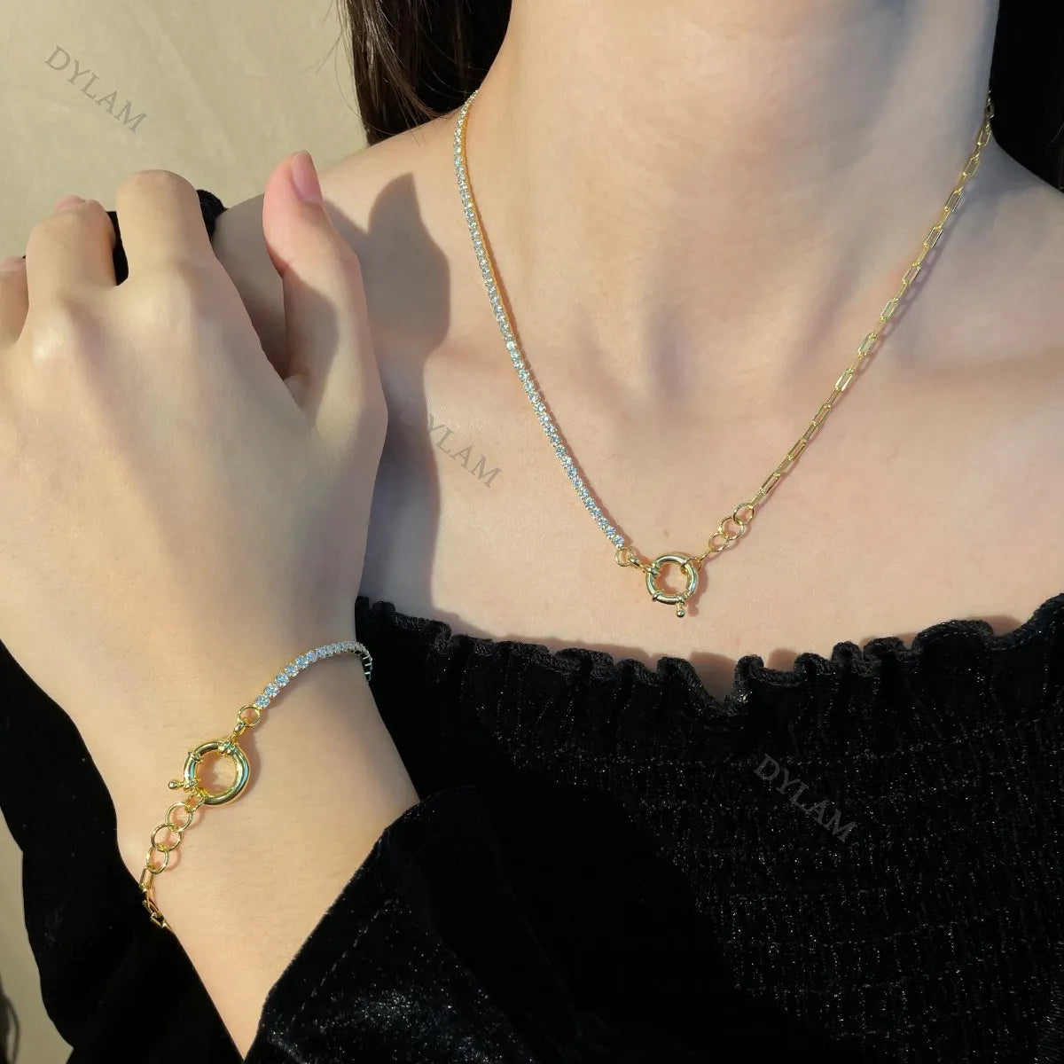 Silver Zircon Round Cut Chain Ring Link Tennis Necklace