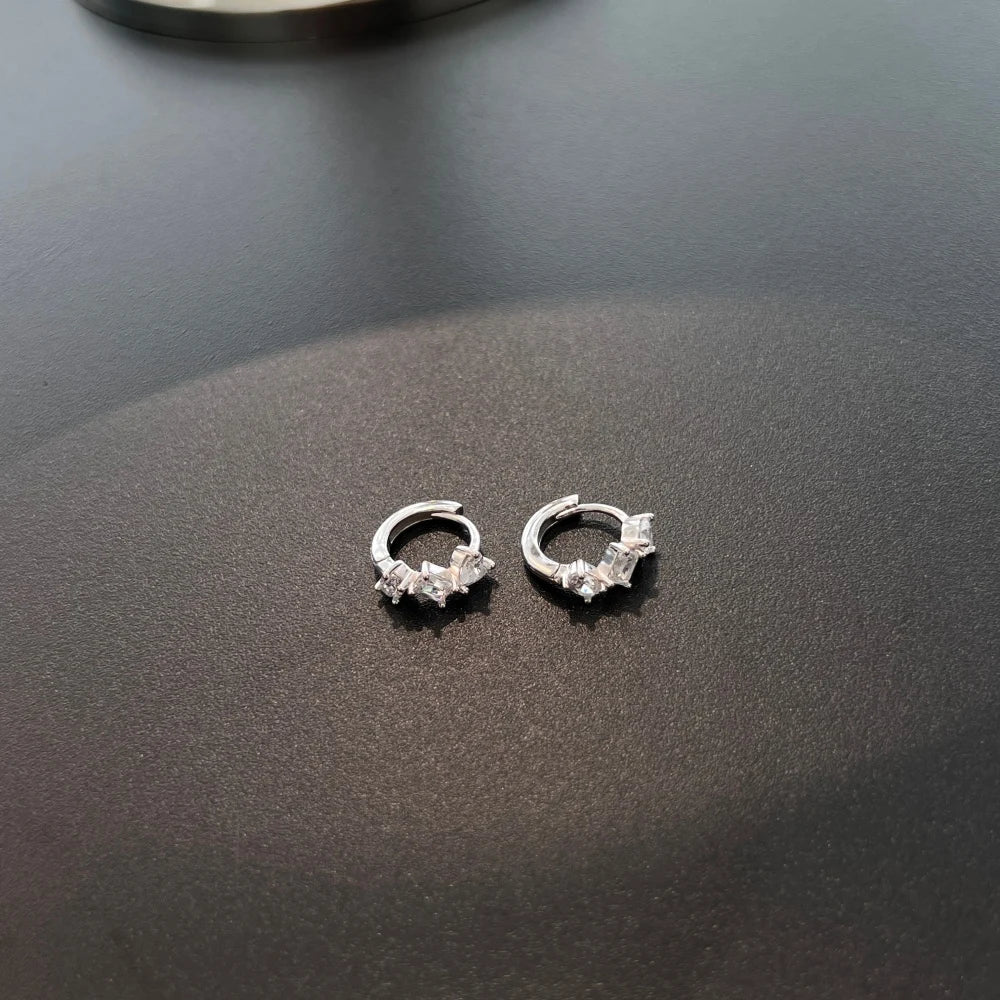 Silver Zircon Baguette Cut Inlaid Multi Shape Huggie Earrings