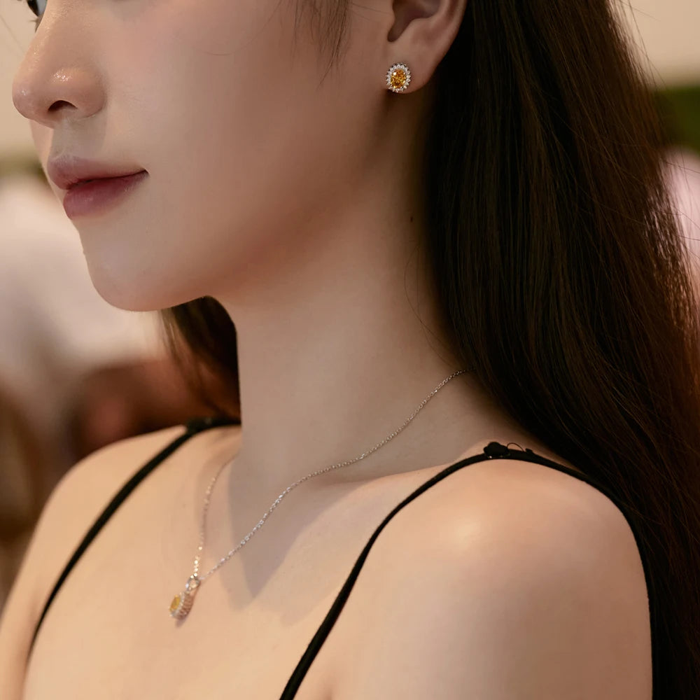 Silver Zircon Oval Cut Halo Flower Pendant Necklace
