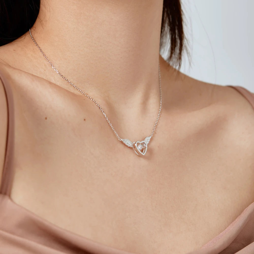 Silver Zircon Round Cut Heart Wings Bar Necklace