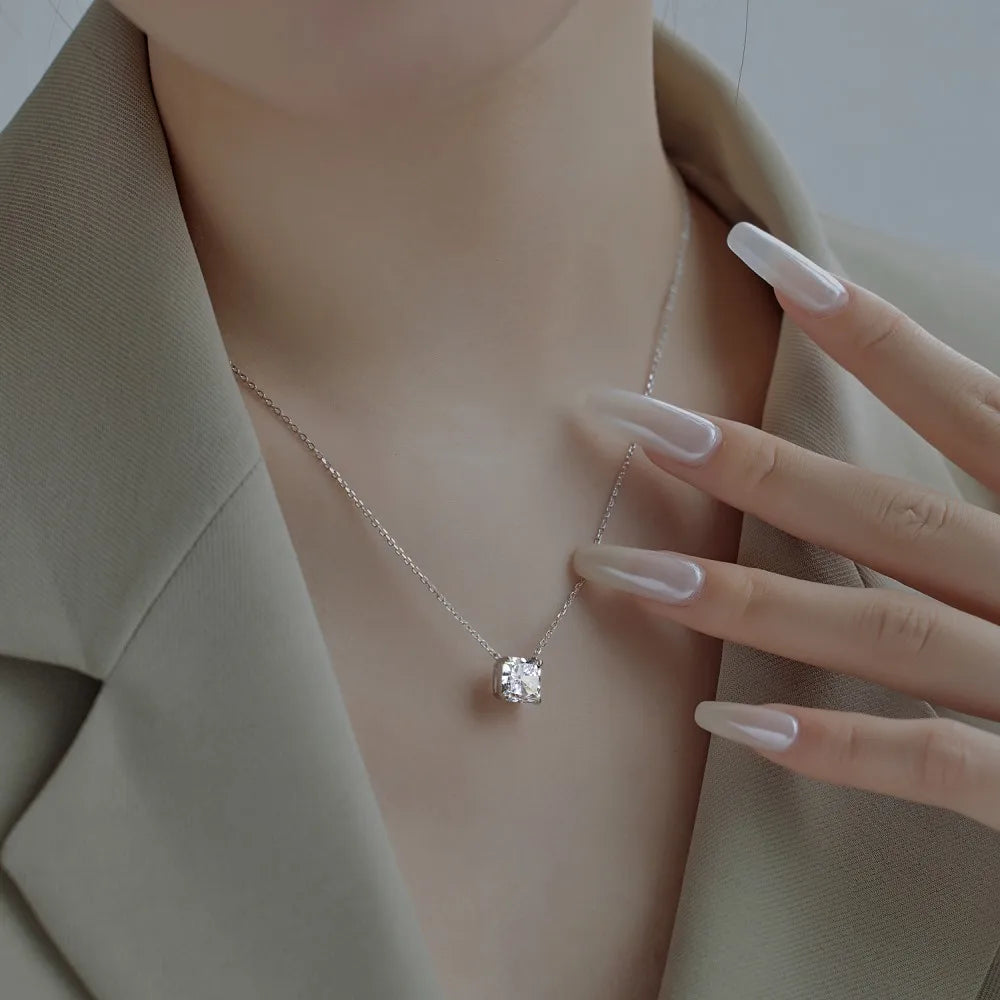 Silver Zircon Princess Cut Solitaire Pendant Necklace