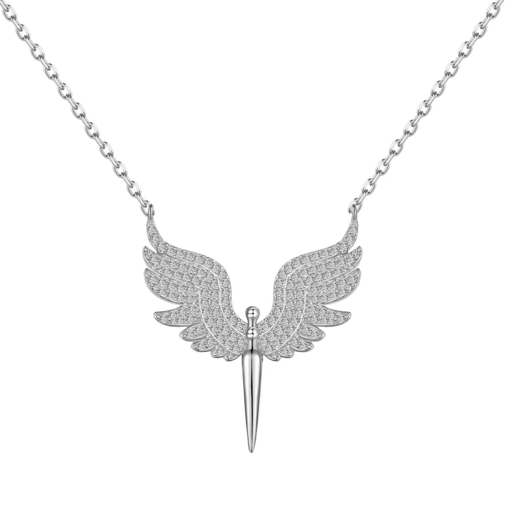 Silver Zircon Round Cut Sword & Wings Pendant Necklace
