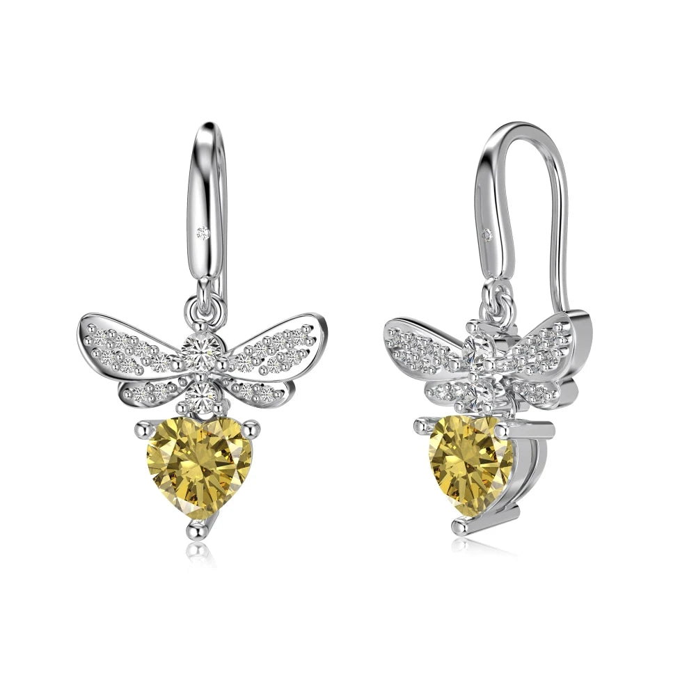 Silver Zircon Heart Cut Butterfly Drop Earrings