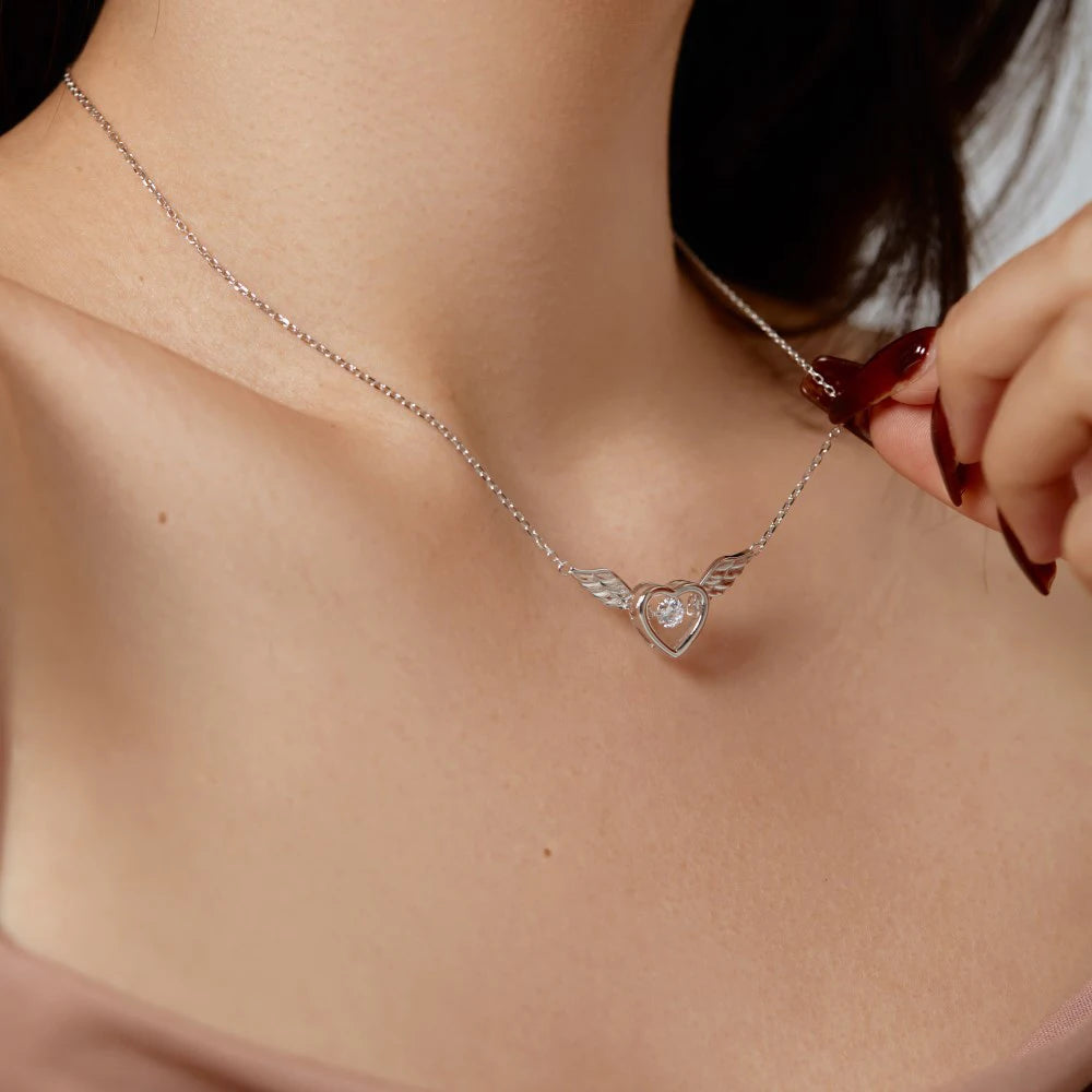 Silver Zircon Round Cut Heart Wings Bar Necklace