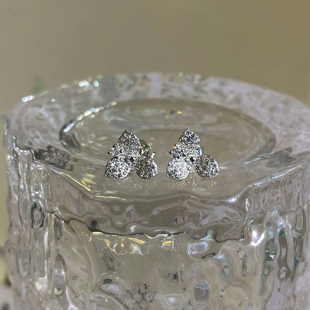 Silver Zircon Round Cut Inlaid Clover Ear Studs