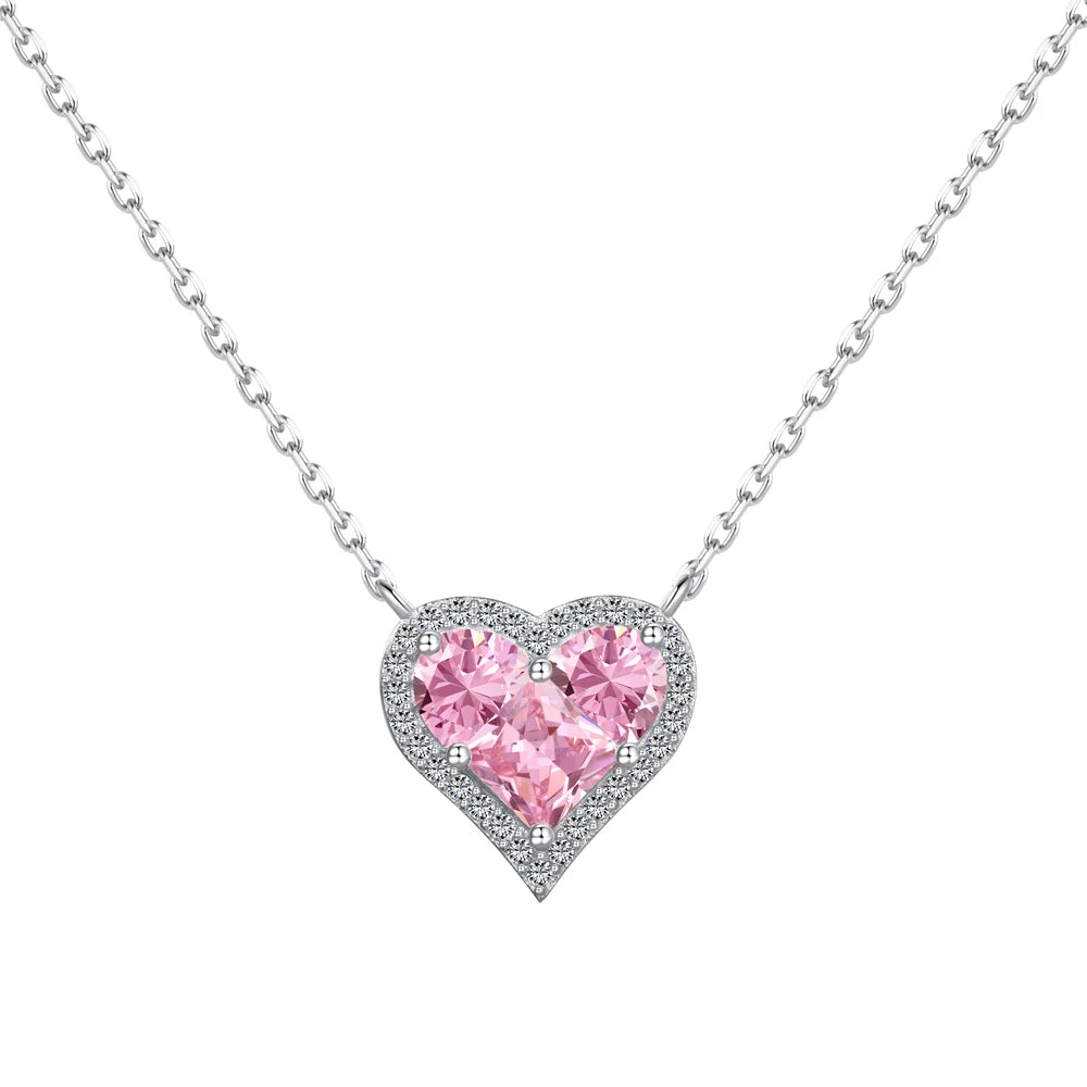 Silver Zircon Princess Cut Halo Heart Pendant Necklace
