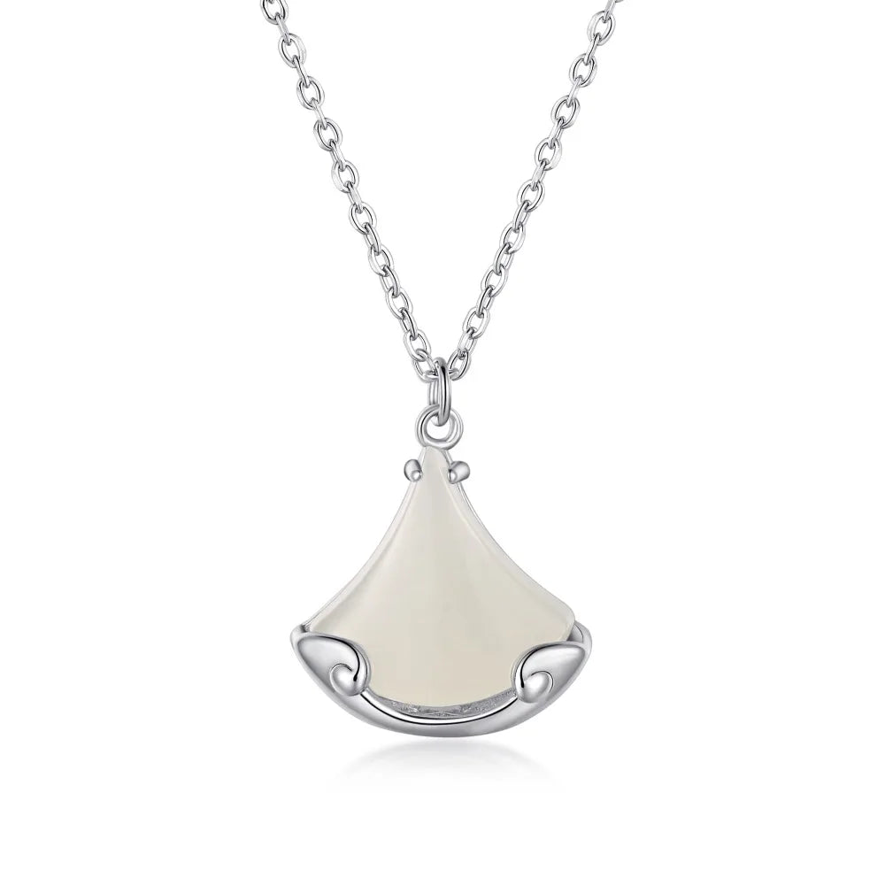 Silver Jade Cut Ginkgo Leaf Pendant Necklace