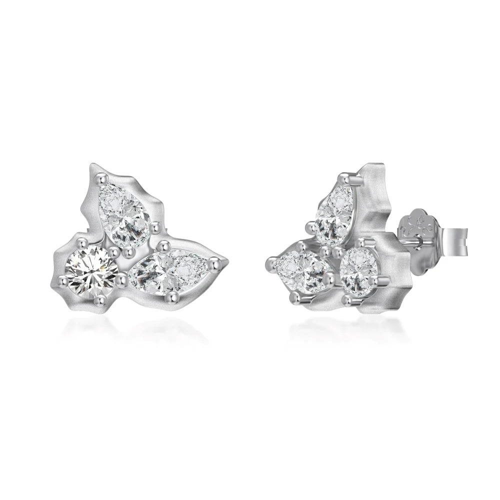 Silver Zircon Marquise Cut Brushed Leaf Ear Studs