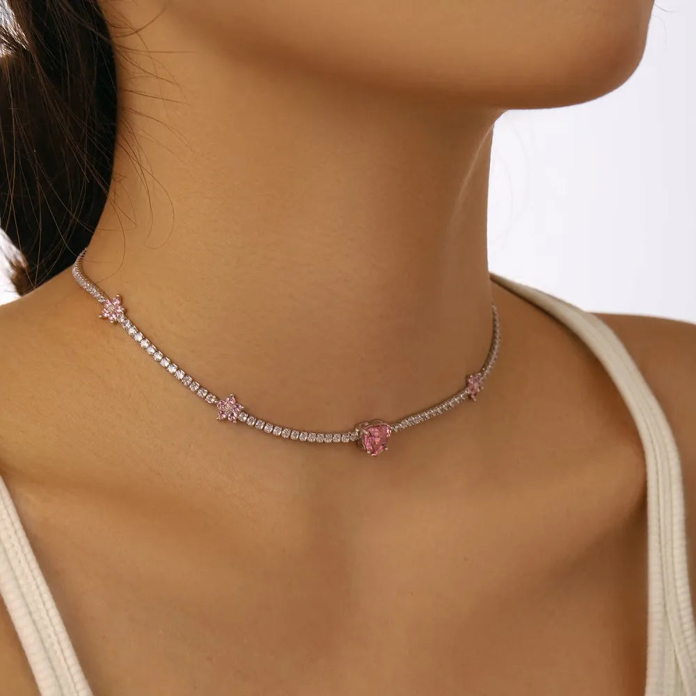 Silver Zircon Heart Cut Flower Tennis Necklace