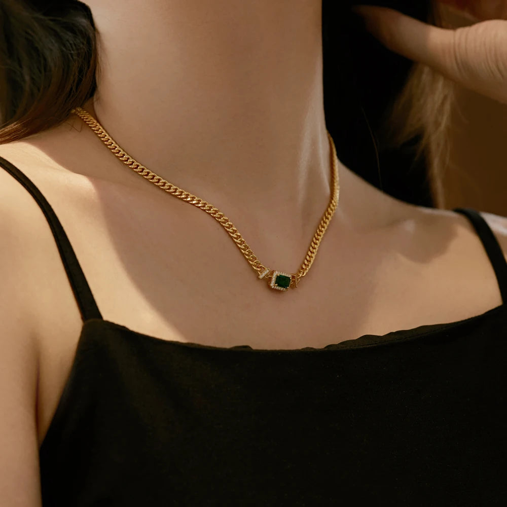 Silver Zircon Emerald Cut Cuban Chain Necklace