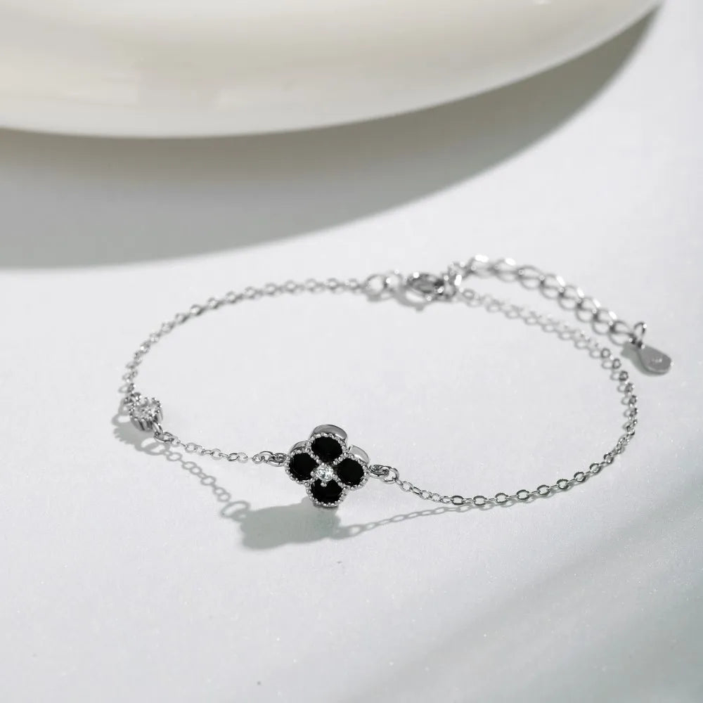 Silver Zircon Round Cut Clover Chain Bracelet