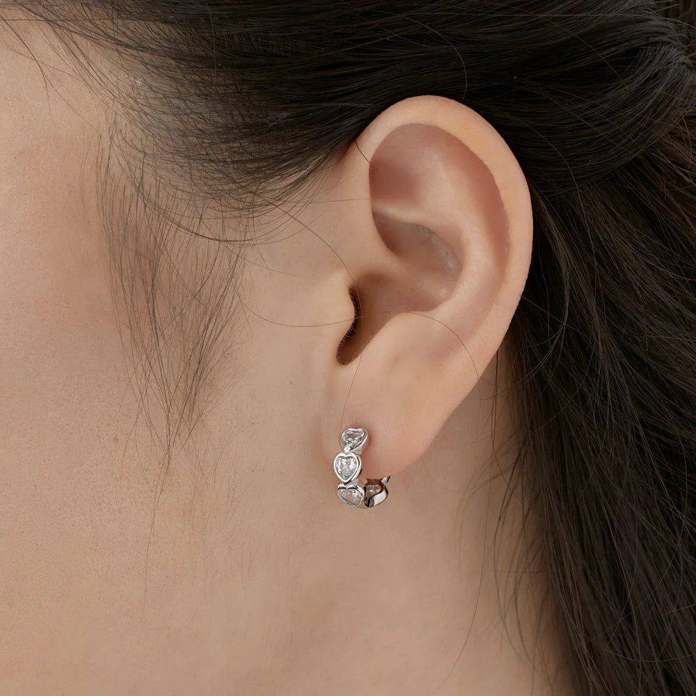 Silver Zircon Heart Cut Inlaid Layered Huggie Earrings