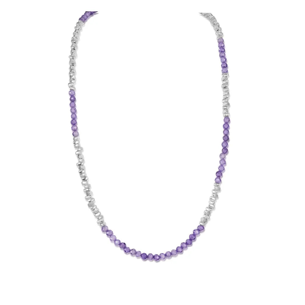 Silver Amethyst Round Cut Multi Shape Beaded Necklace