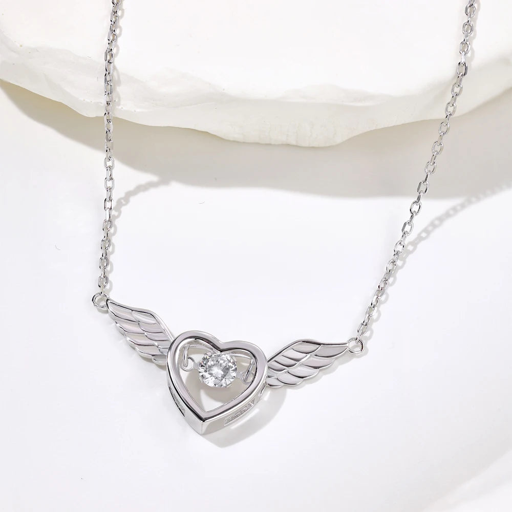 Silver Zircon Round Cut Heart Wings Bar Necklace