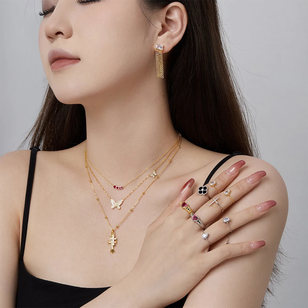 Silver Zircon Round Cut Butterfly Pendant Necklace