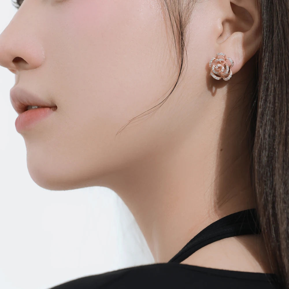 Silver Zircon Round Cut Inlaid Flower Ear Studs