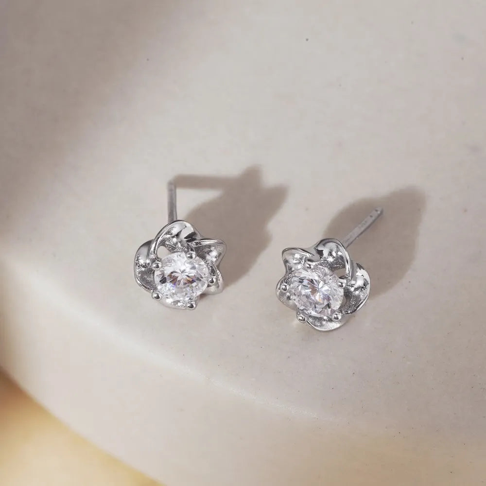 Silver Zircon Round Cut Sakura Flower Ear Studs