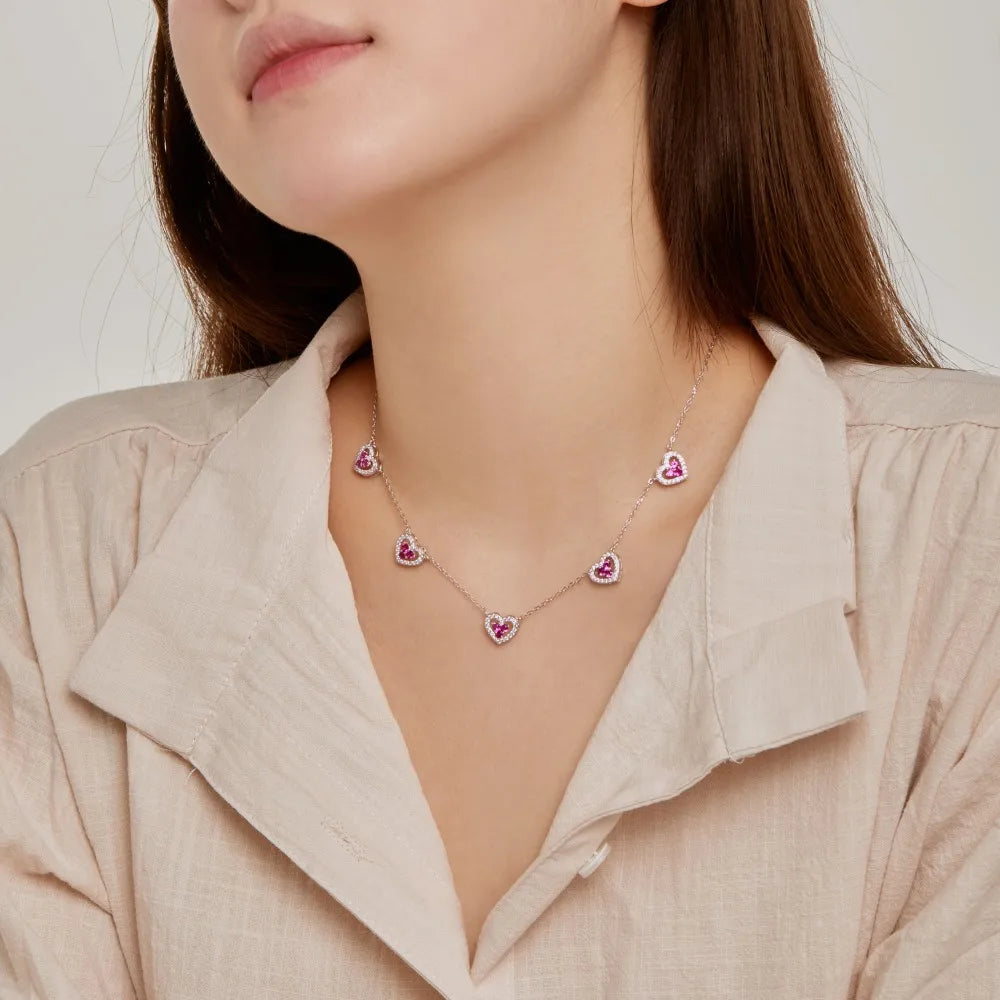 Silver Zircon Round Cut Heart Chain Necklace
