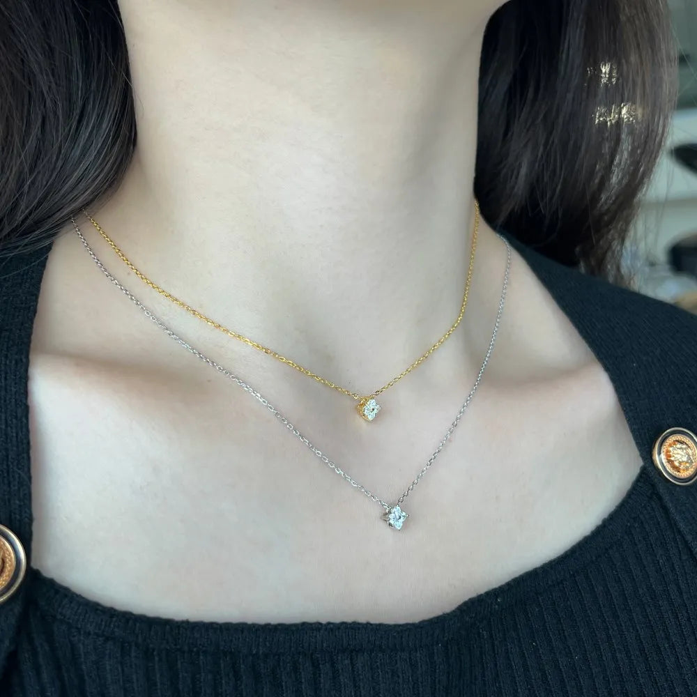 Silver Zircon Round Cut Clover Pendant Necklace
